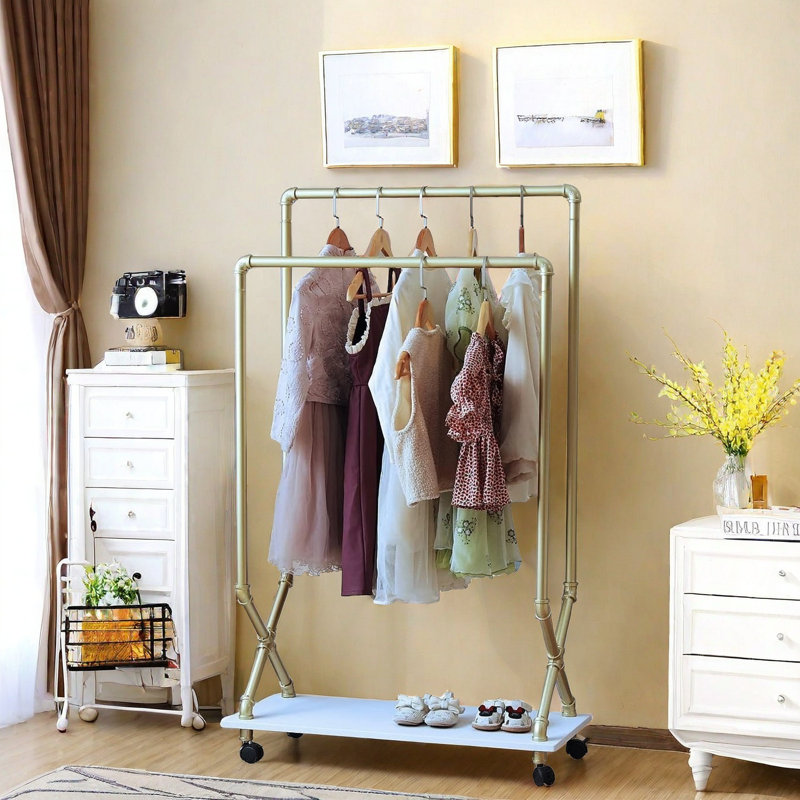 Child Clothes Rack. Kids Garment Rack Armoire Dress Up Closet. Rolling Pipe Open Clothing Rack With Wood Storage Shelf. Industrial Modern Kids